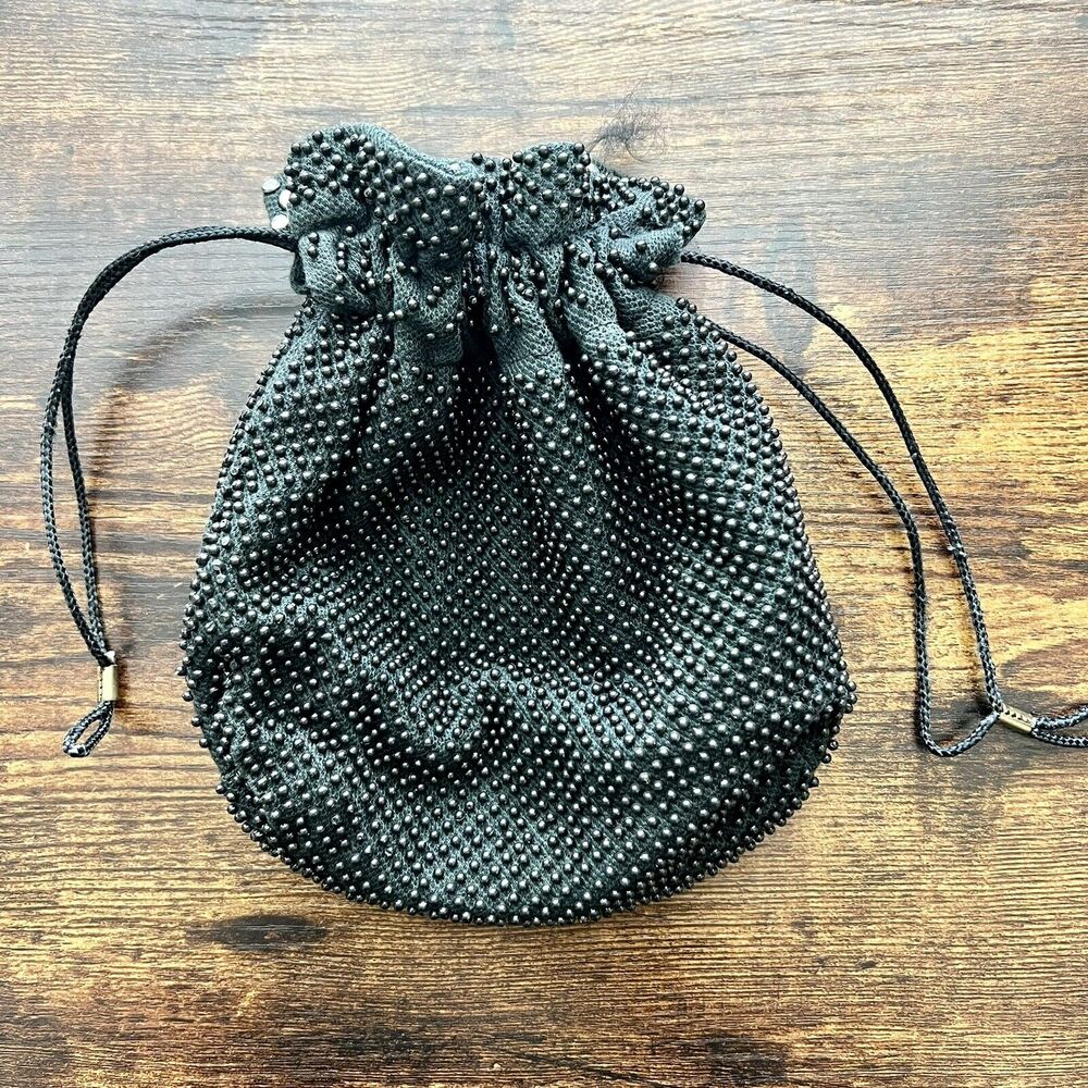 Vintage 50s Black & Silver Beaded Reversible Drawstring Soft Bag Handbag Purse